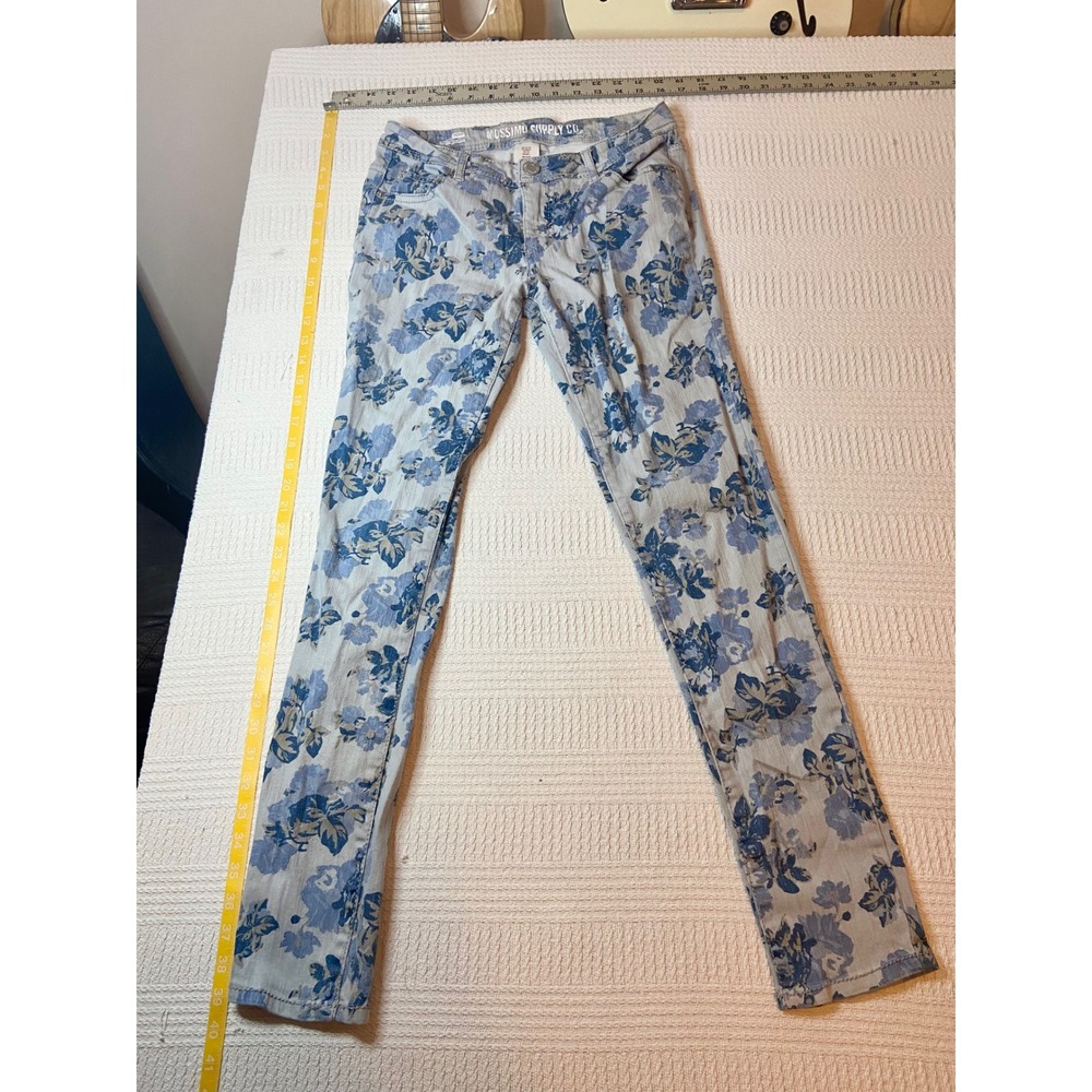 Mossimo Supply Co Blue Floral Skinny Jeans Low Rise Size 7 Grey Botanical Print